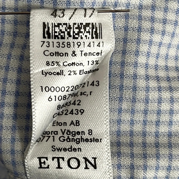 Eton Slim Fit Dress Shirt Grid Print Long Sleeve Button Up - Size 17 Slim/43 - Picture 6 of 8